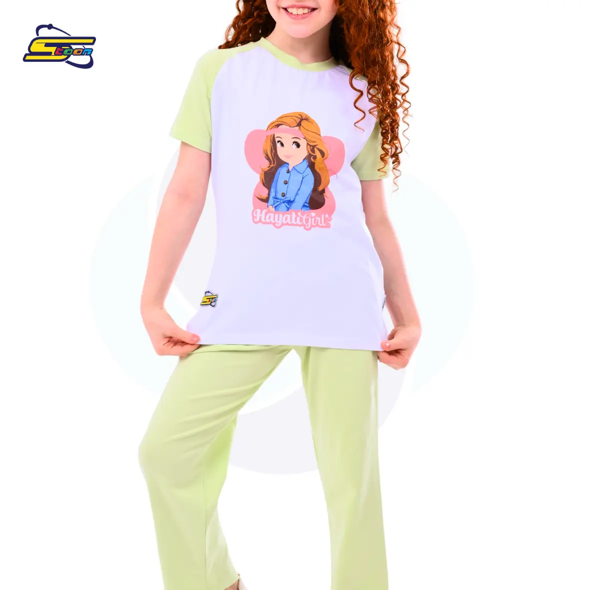 Hayati Girl 2 pcs set - Spacetoon Cotton Raglan pajama - white raglan t-shirt-light green pants
