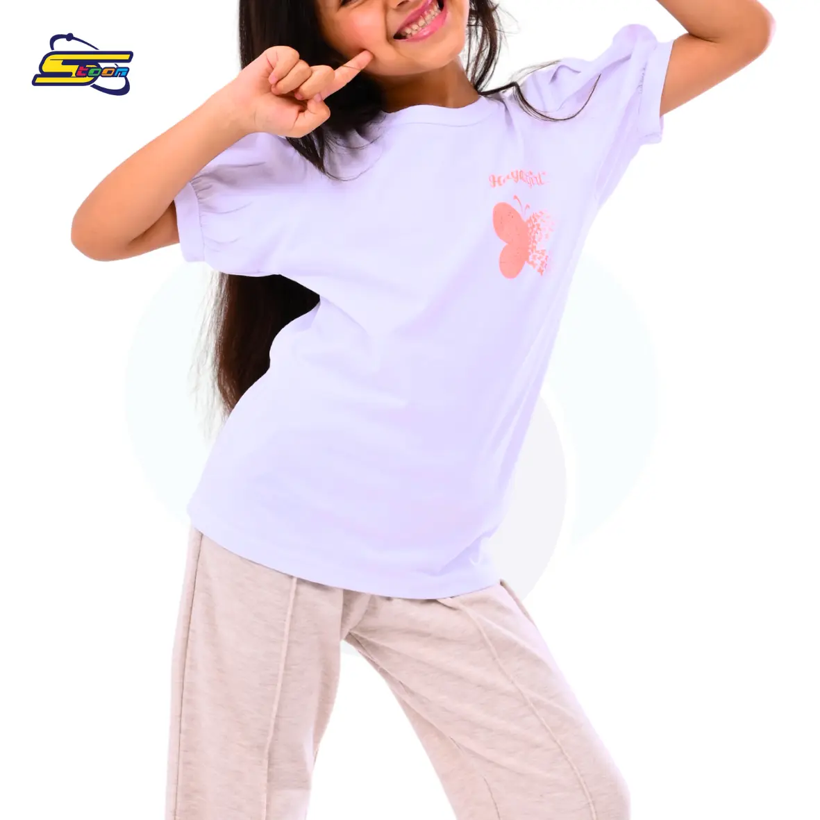 Hayati Girl 2 pcs set - Spacetoon cotton outwear set - white t-shirt with grey wide legs pants