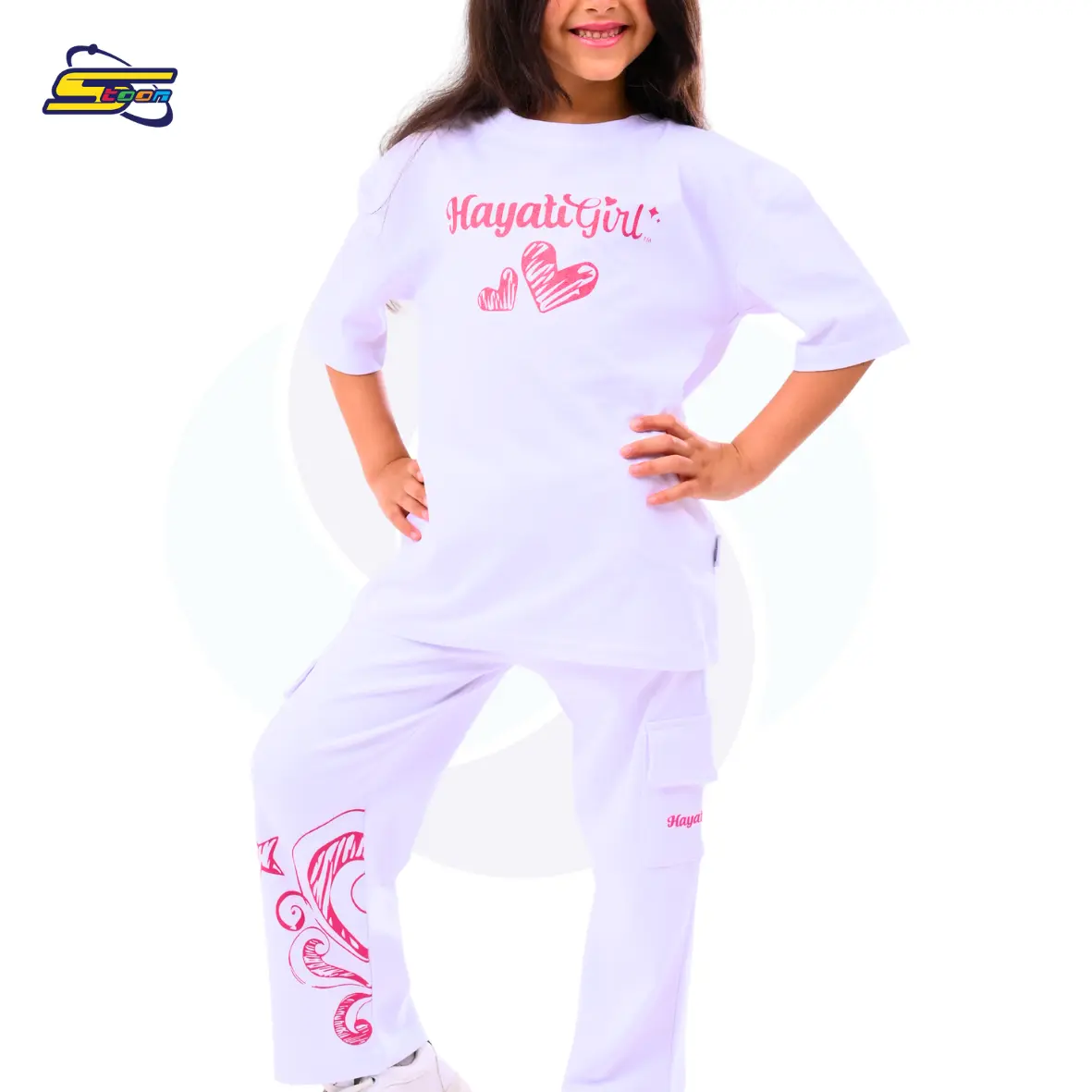 Hayati Girl 2 pcs set - Spacetoon cotton outwear set-white t-shirt and pants printed