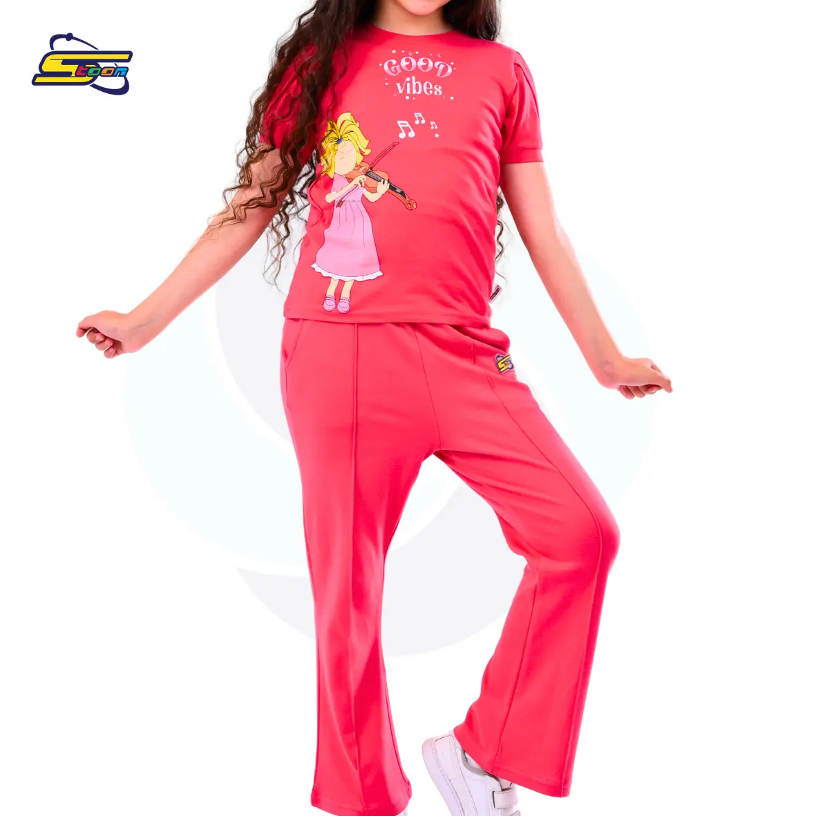 Mooda Moody Girls 2 pcs set - Spacetoon cotton outwear set - pink t-shirt with Mooda printed chracter - pink wide legs pants