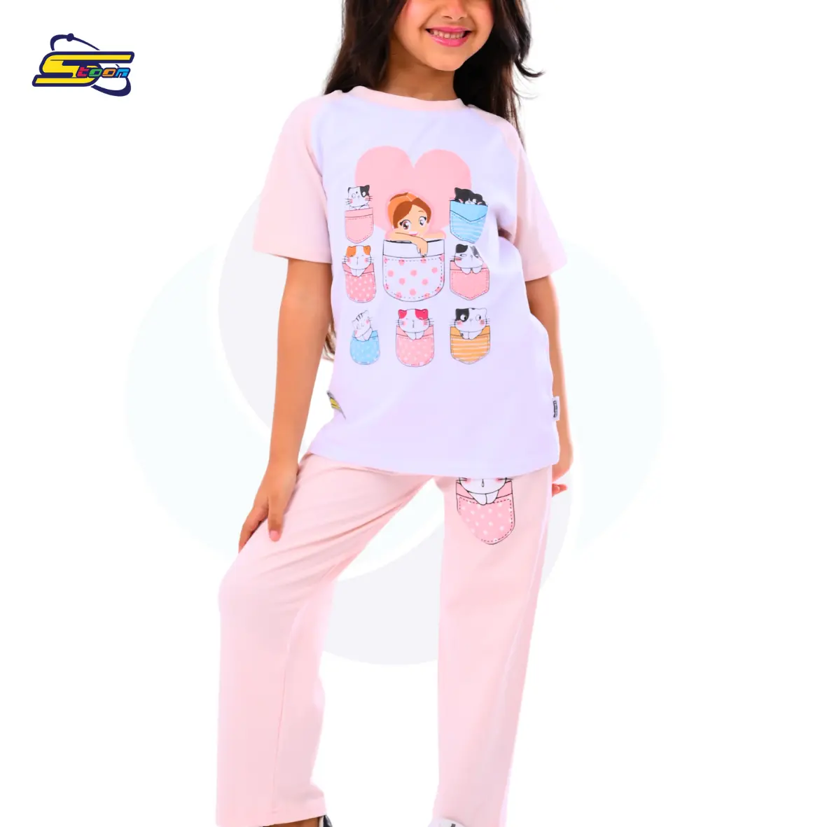 Moshaya Family Girls 2 pcs set- Spacetoon -Cotton- Raglan pajama- white t-shirt-light pink pants