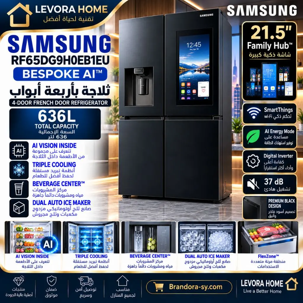 🧊 SAMSUNG RF65DG9H0EB1EU
BESPOKE AI™ 4-DOOR FRENCH DOOR REFRIGERATOR
ثلاجة سامسونج Bespoke AI بأربعة أبواب مع شاشة Family Hub™ وتقنيات ذكية متطورة