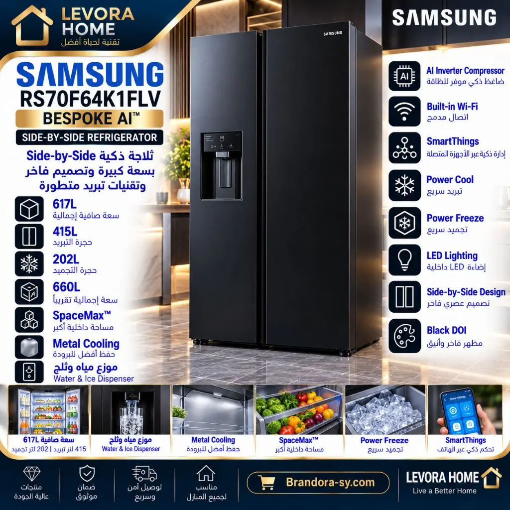 🧊 SAMSUNG RS70F64K1FLV
BESPOKE AI™ SIDE-BY-SIDE REFRIGERATOR
ثلاجة ذكية Side-by-Side بسعة كبيرة وتصميم فاخر وتقنيات تبريد متطورة