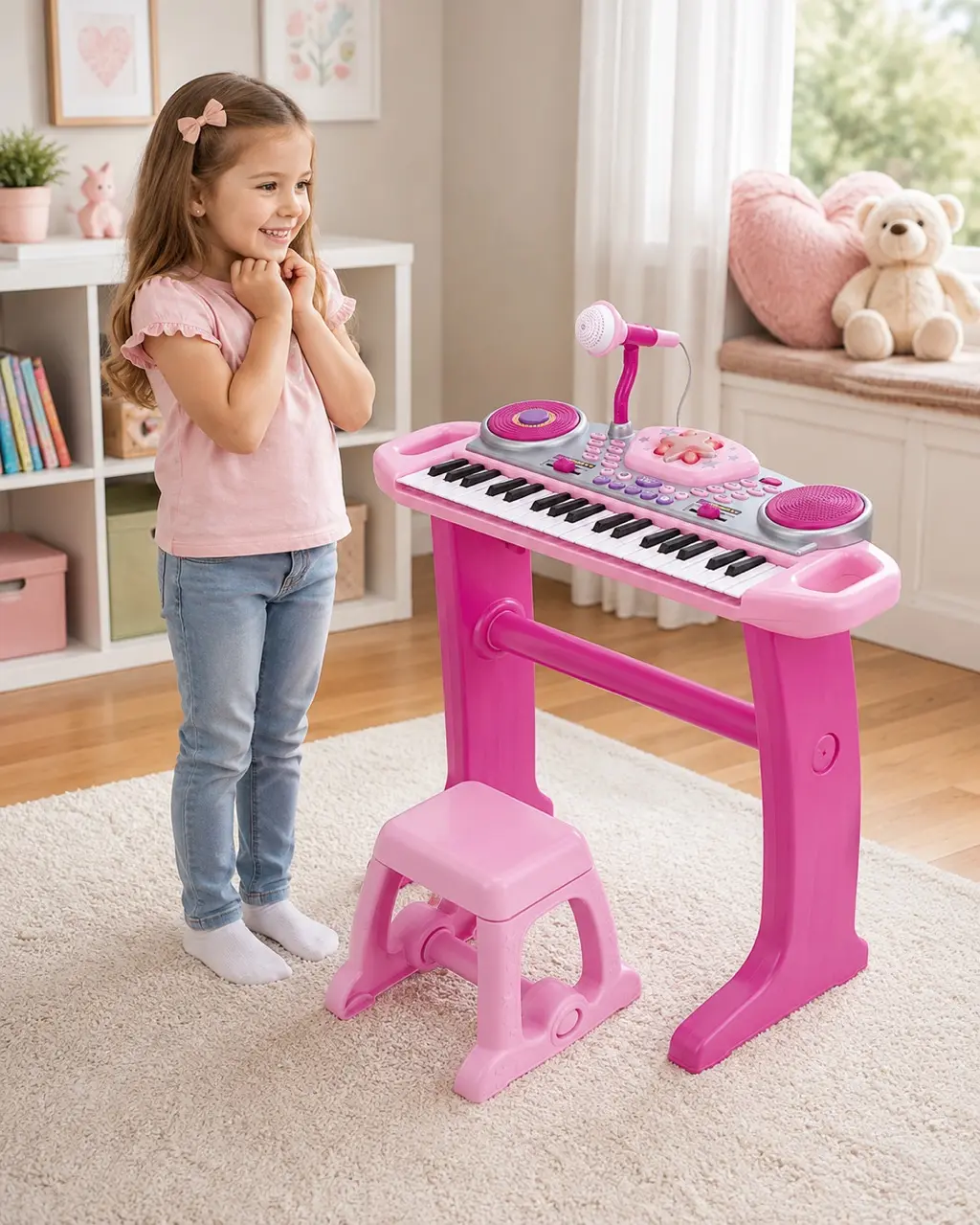 أورغ أطفال WinFun Keyboard Rock Star مع ميكروفون ومقعد – وردي – من عمر 3 سنوات