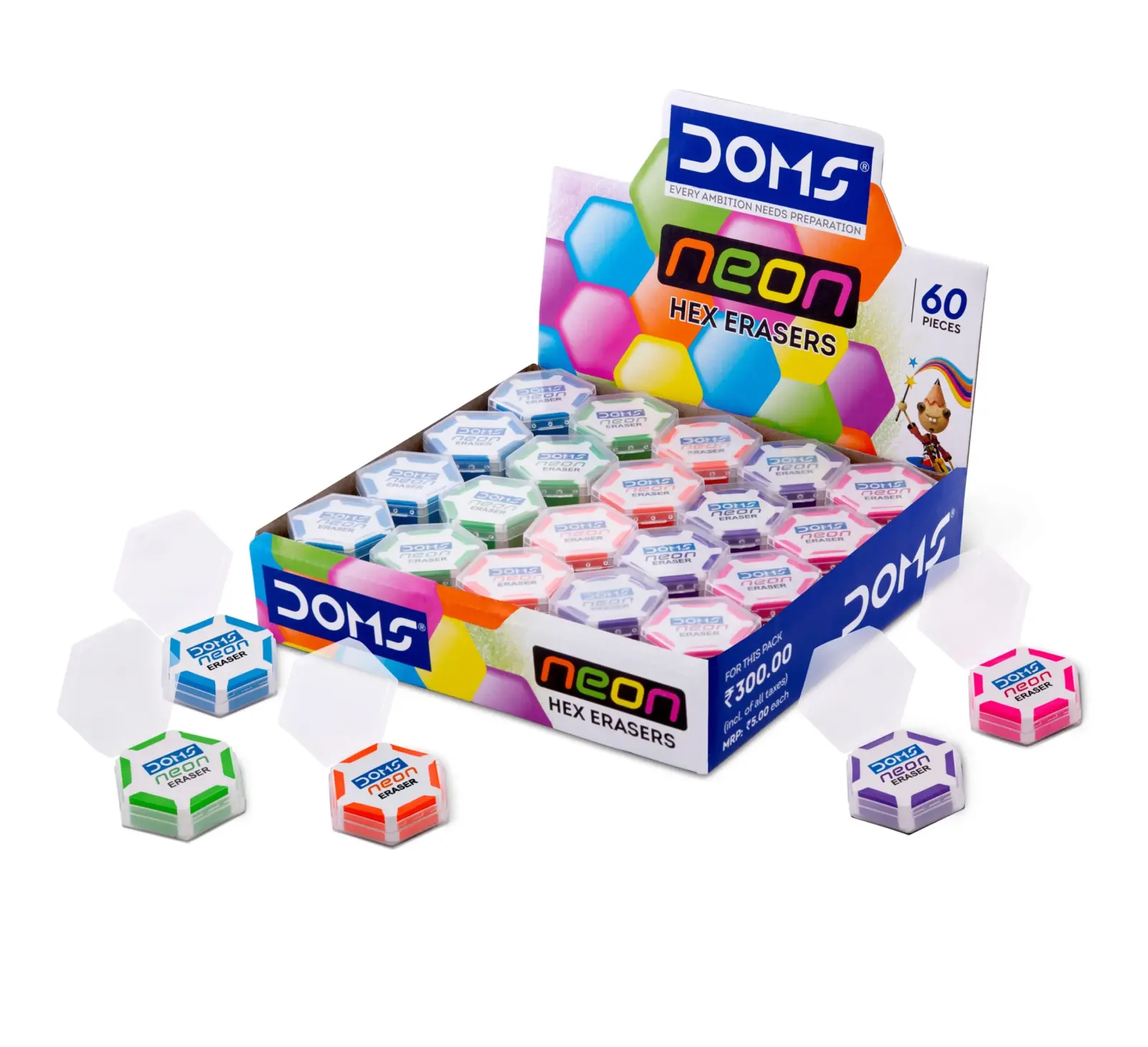 ممحاة نيون سداسية بحافظة (DOMS Neon Hex Erasers)