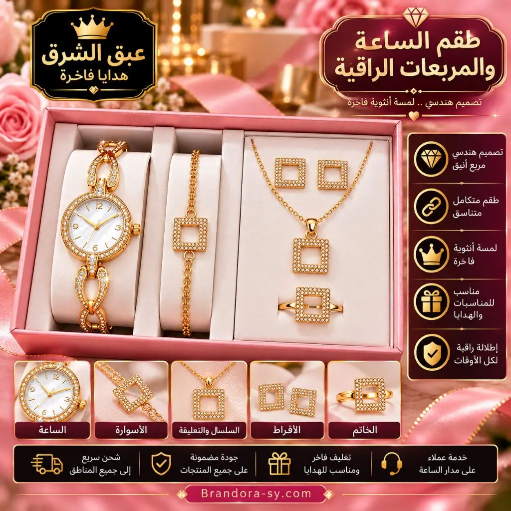 ✨ طقم الساعة والمربعات الراقية | Luxury Square Jewelry & Watch Set