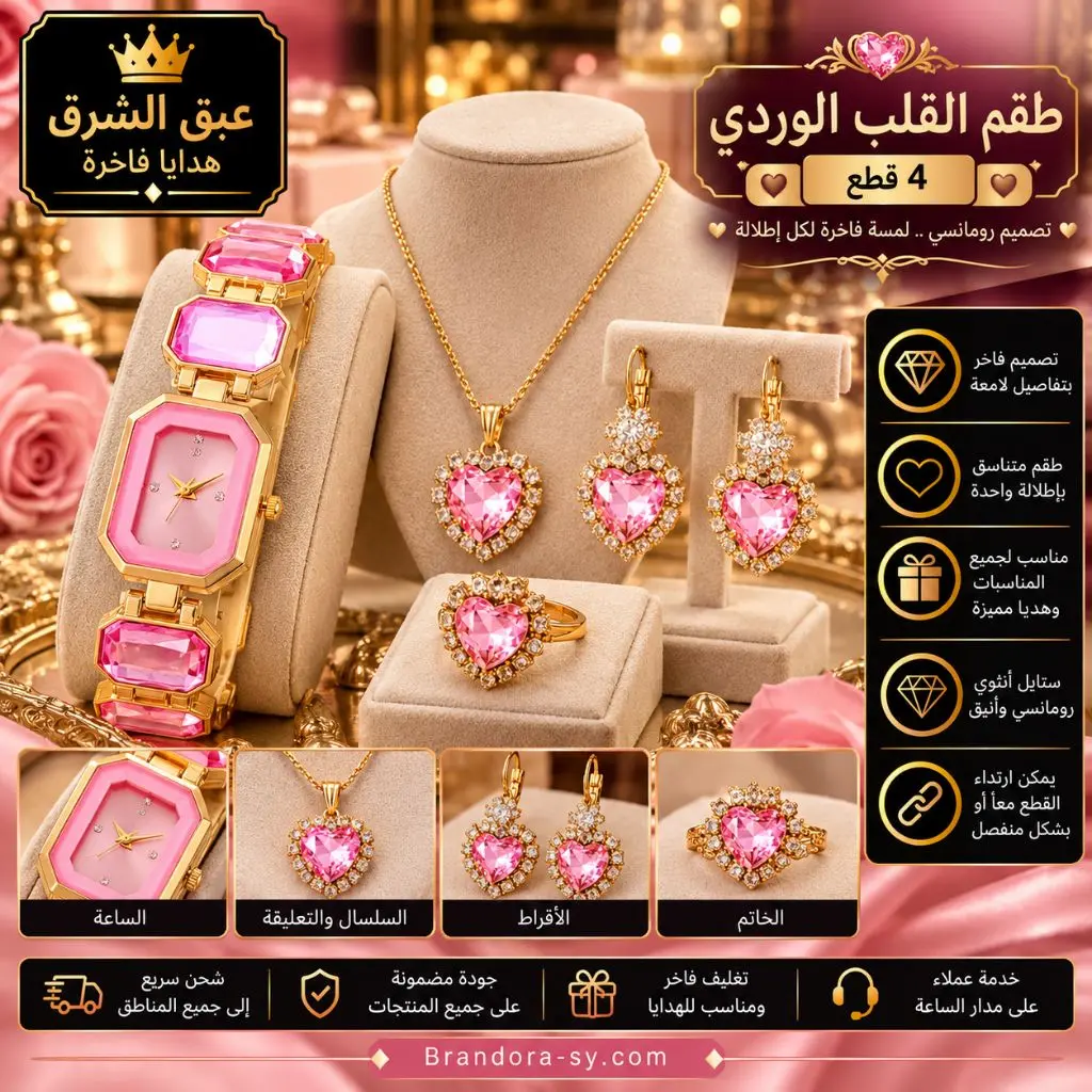 💗 طقم القلب الوردي الفاخر | Pink Heart Jewelry & Watch Set